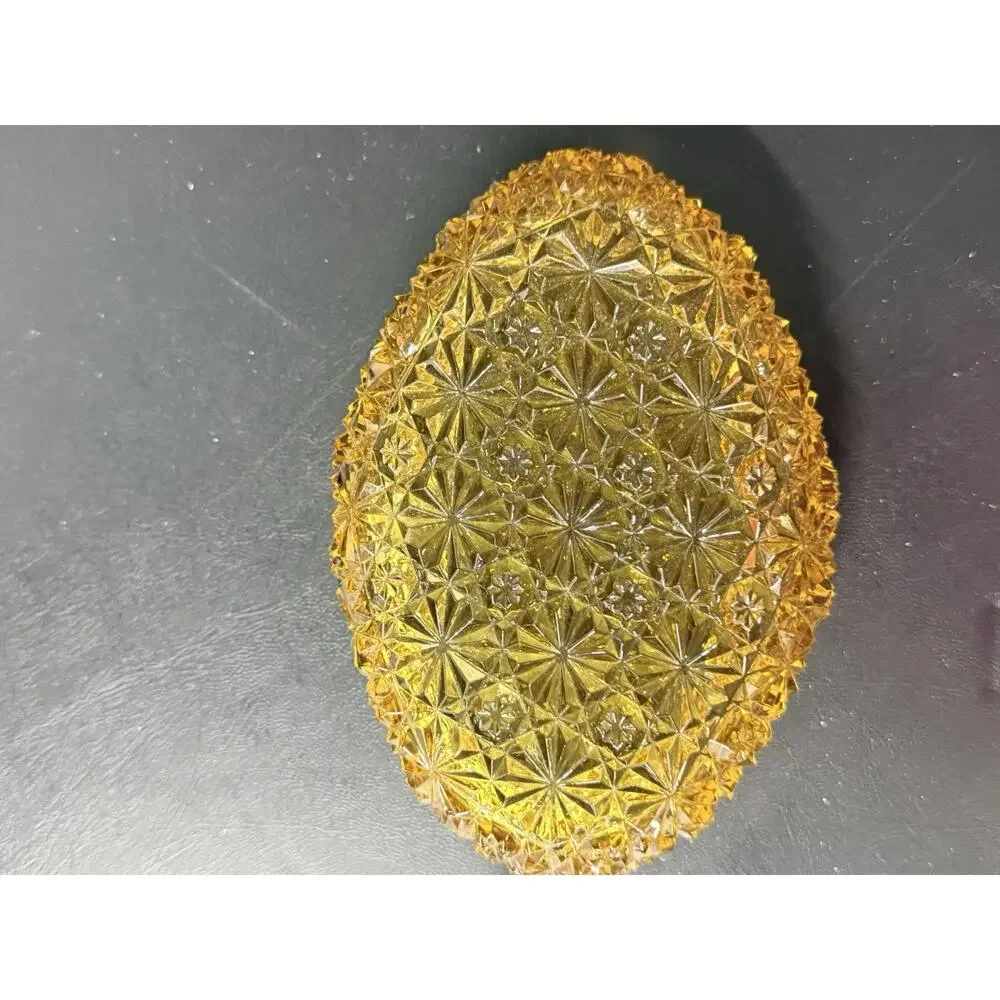 Vintage Amber Pressed Glass Oval Relish Dish Starburst Pattern